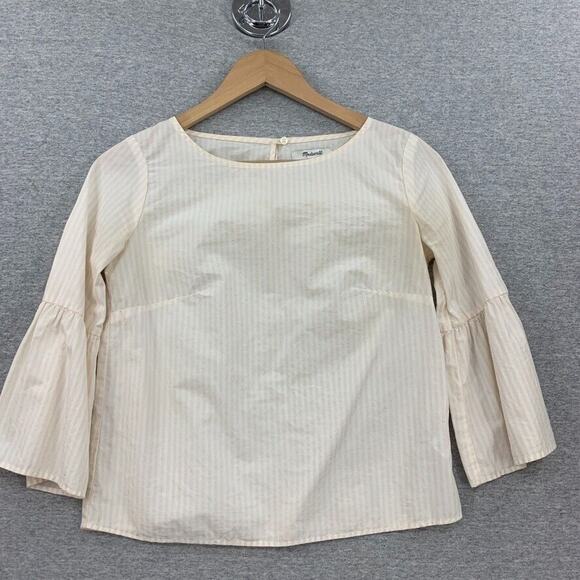 Madewell Blouse Womens XXS Light Pink Striped 3/4 Bell Sleeve Poplin Shirt Top - Picture 1 of 9